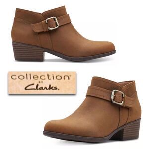 Clarks Adreena Mid Short Ankle Boot in Dark Tan Leather